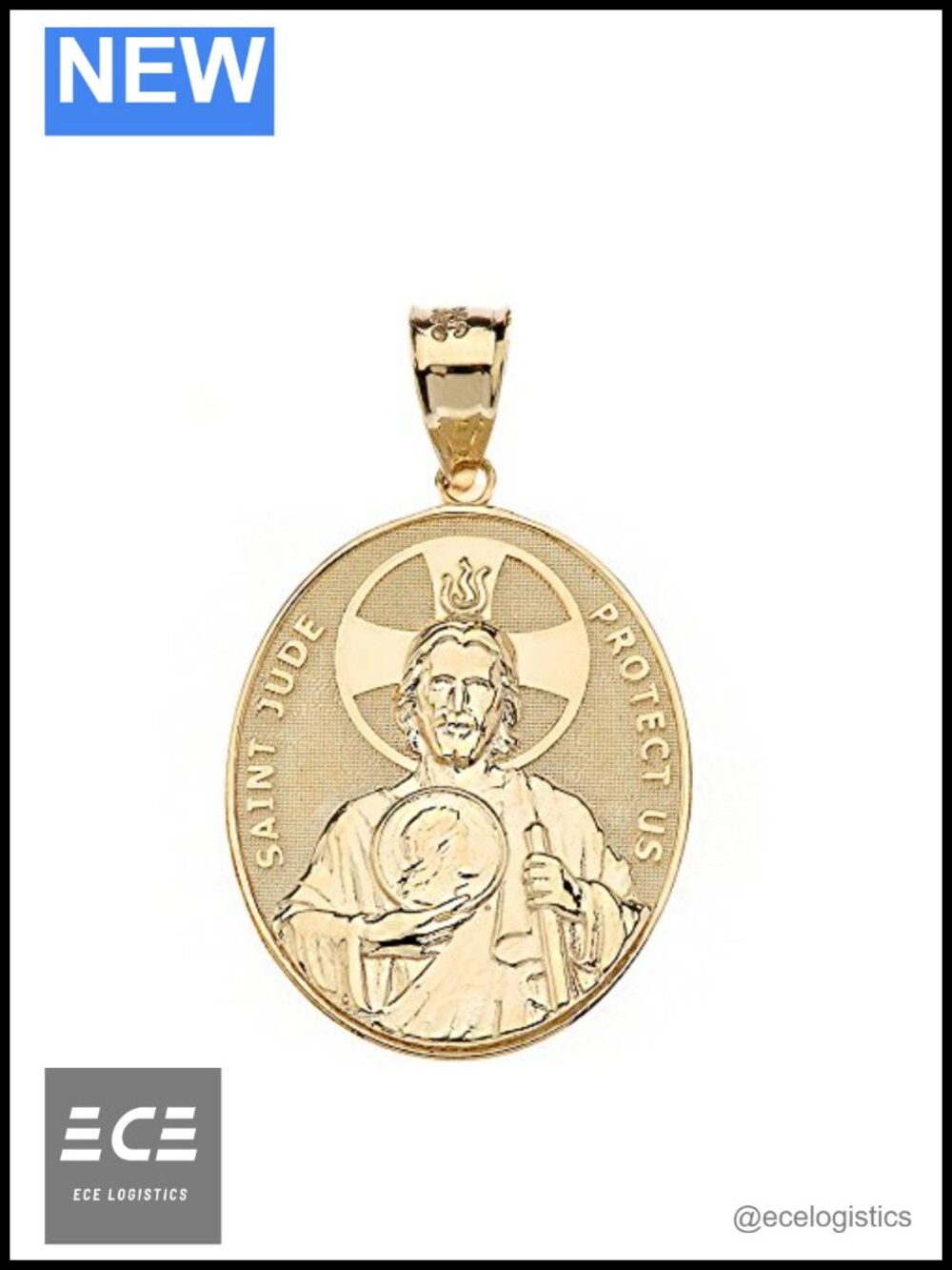 Solid 14k Yellow Gold Saint Jude Thaddeus Protect Us Oval Pendant